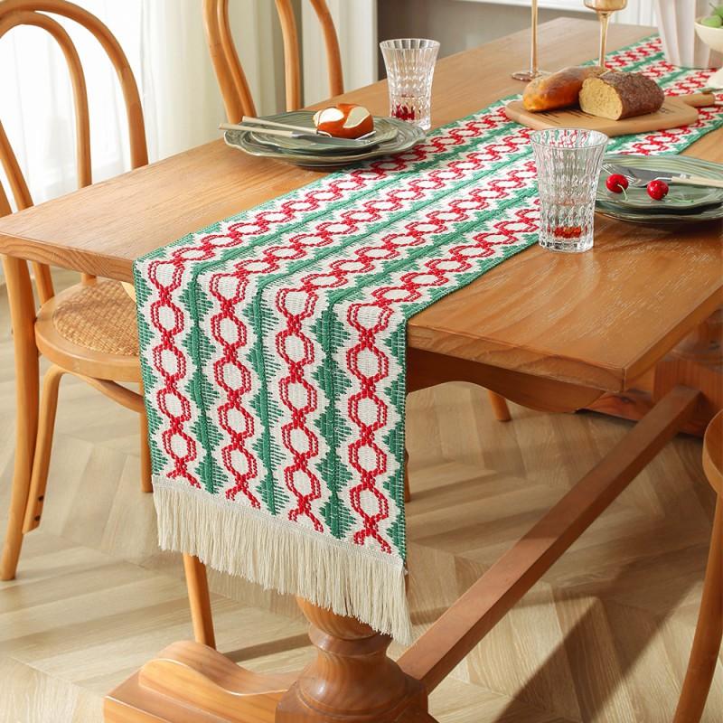 Cotton Linen Table Runner With Striped Patchwork Design Tassel Trim Modern Minimalist Long Cover Dining Room
