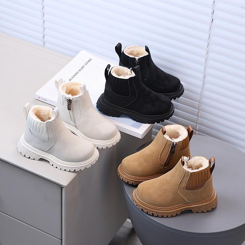 Matte PU Leather Trendy Winter Short Boots for Children Versatile Wear-resistant Chelsea Boots Warm School Shoes Girl Boy I10014