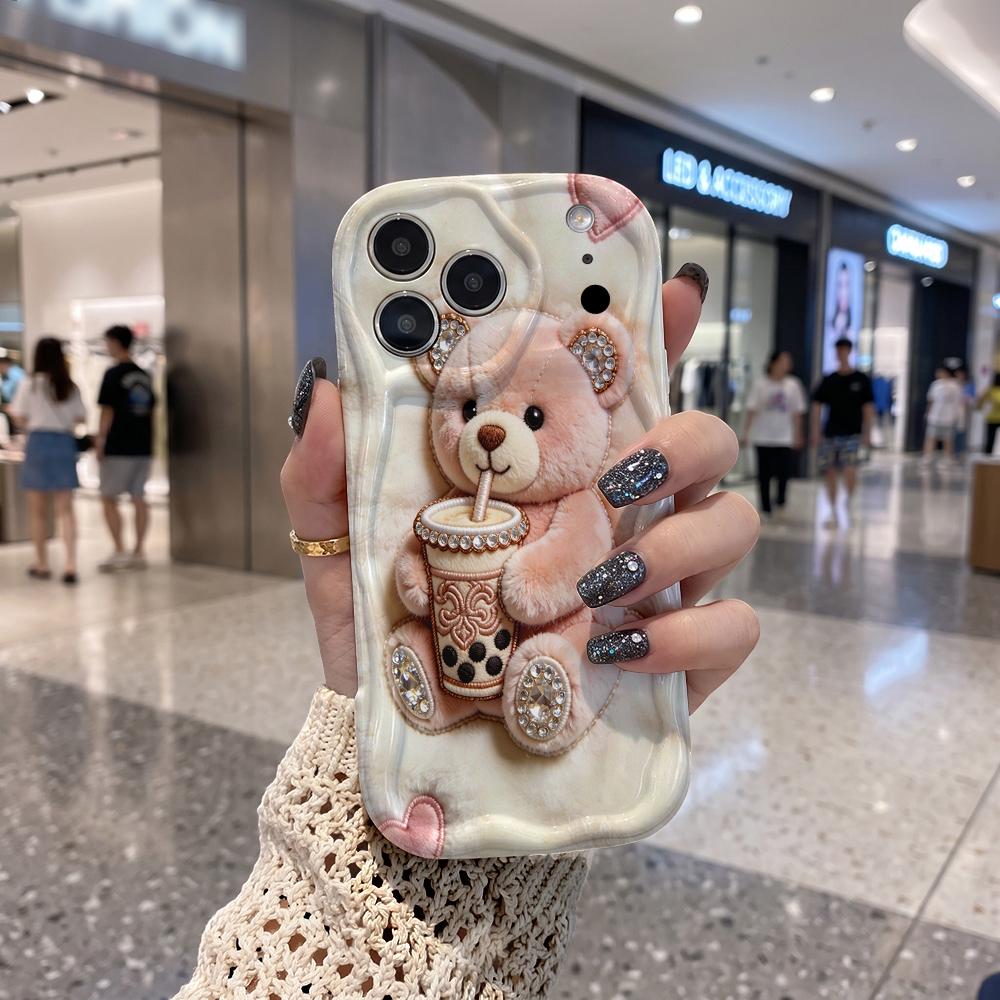 Embroidery Pink Bear Boba Milk Tea Wavy Edge Phone Case For iPhone 17 16 15 14 13 12 11 8 7 Plus Pro Max Cute 3D Cover