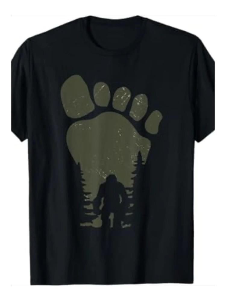 

1pc Sasquatch Footprints in Forest Graphic T-Shirt 100% Cotton, Crew Neck, Short 4XL