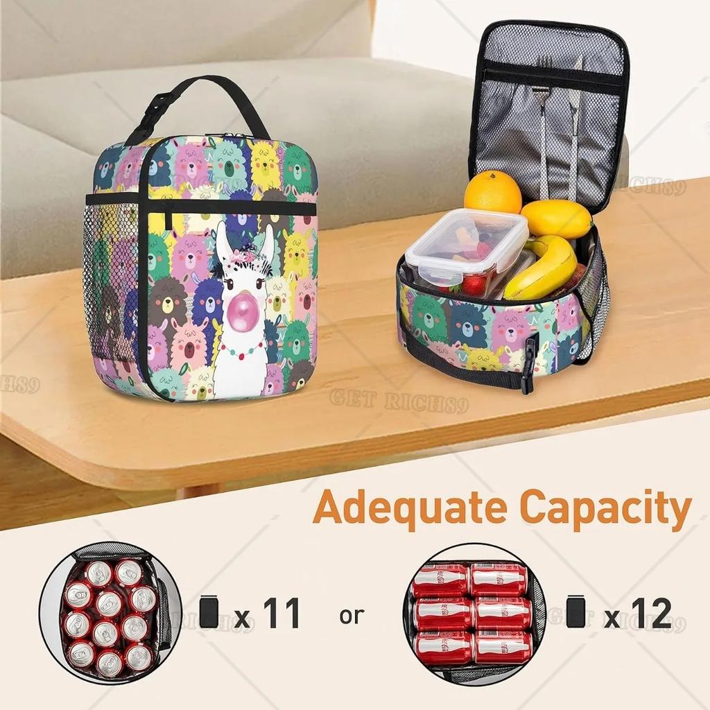 Llama Alpaca Insulated Lunch Bag for Kids Boys Girls Colorful Large Capacity Reusable Cooler Lunch Tote Bags for School Work