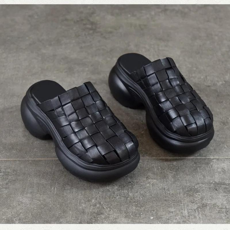 Johnature Echte Leder Gewebte Runde Zehen Hausschuhe Dicke Sohle Höhe Erhöhend Outdoor Damen Slides