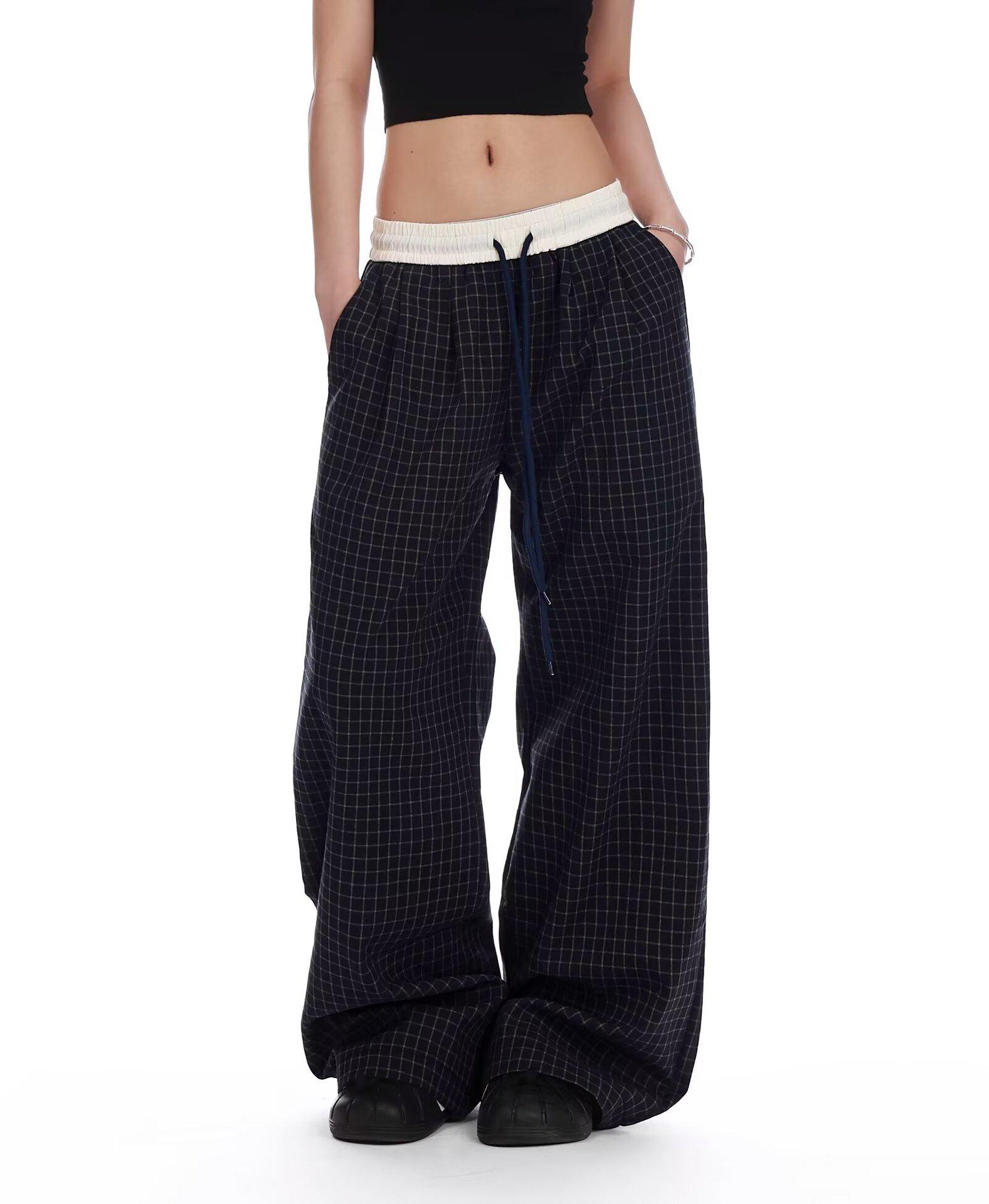 

Autumn Retro Plaid Wide-Leg Pants for Women: Relaxed, Slimming Fit XL темно-синий