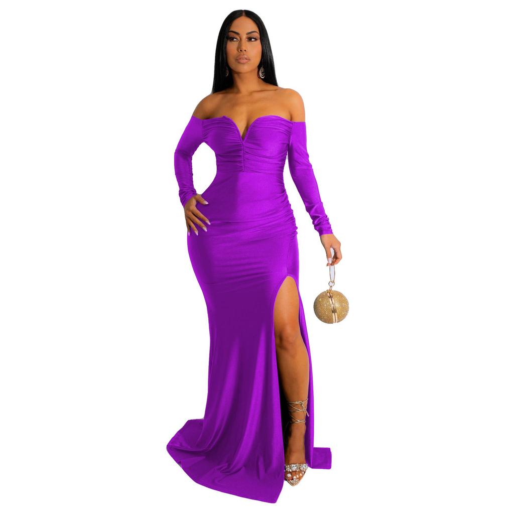 AL228 European & American Women's Silk Long Sleeve Floor-Length Dress