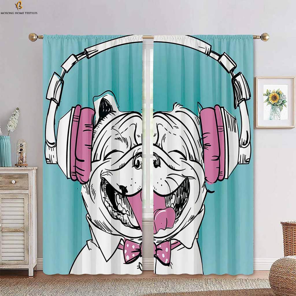 Cartoon Animal Dog Stereo Printing Curtain Bedroom Living Room Dining Kids Decorative Curtains Set Of 2 Made Polyester With Rod Pocket Sitting Decor