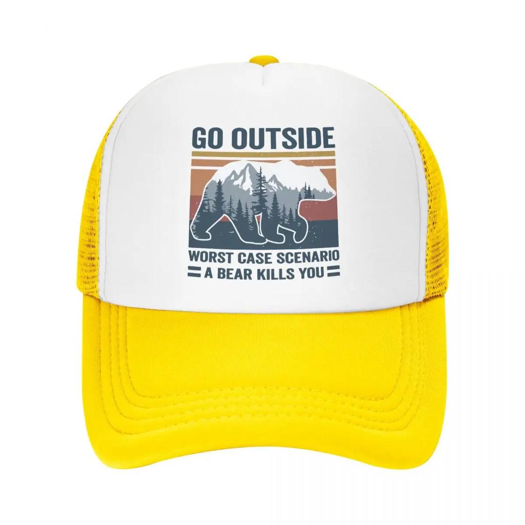 Custom Go Outside Worst Case Scenario A Bear Kills You Trucker Hat Adult Adjustable Baseball Cap Unisex Women Sports Dad Hat
