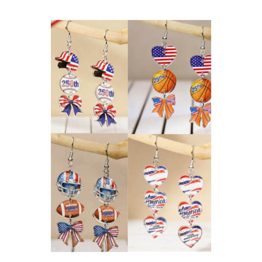 4pcs American Flag Earrings Silver Patriotic Star Dangle Earrings Windmills Independence Day Jewelry Gift for Women Veterans