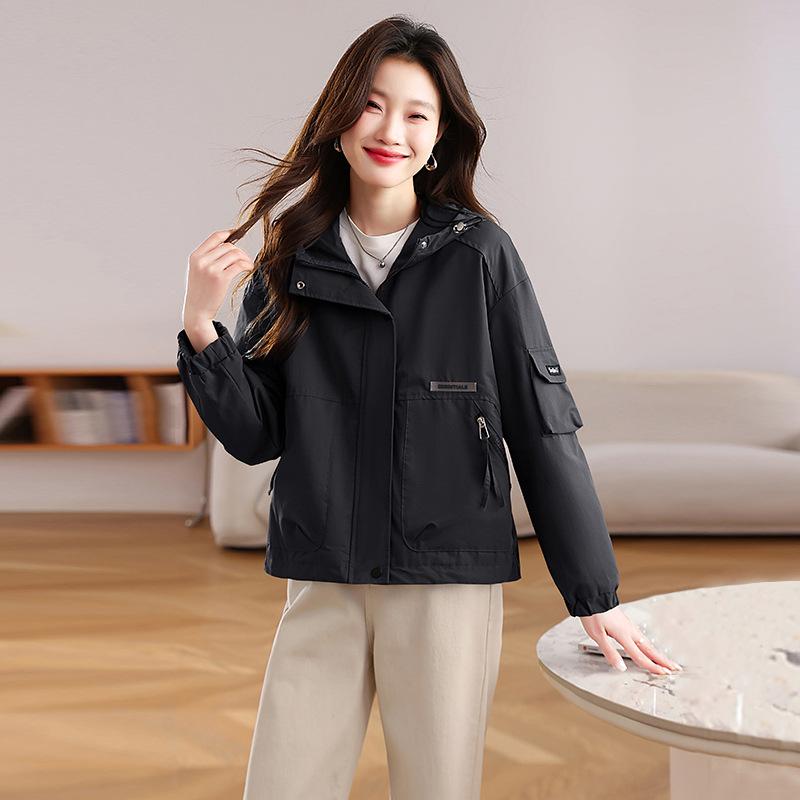 

Модное короткое пальто с капюшоном женское весенне-осеннее новое корейская версия свободный большой размер куртка-инструмент топ 2XL чёрный