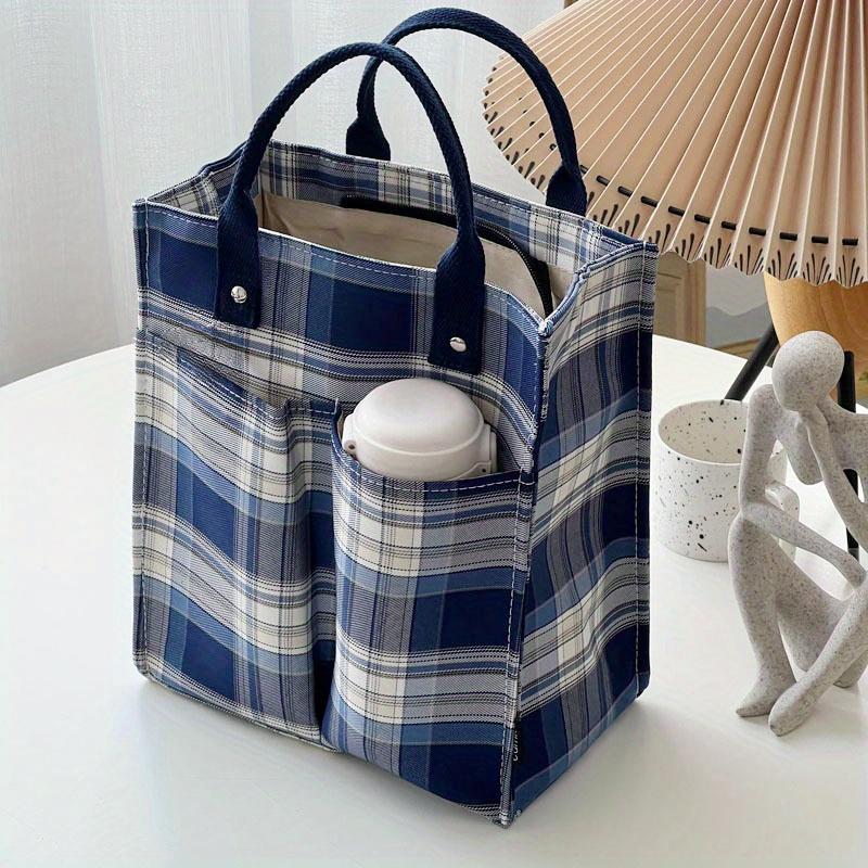 Thick Polyester Tote Bag Large Capacity Minimalist Plaid Pattern with Zipper Closure, Reinforced Handles for Work, Shopping & Daily Essentials