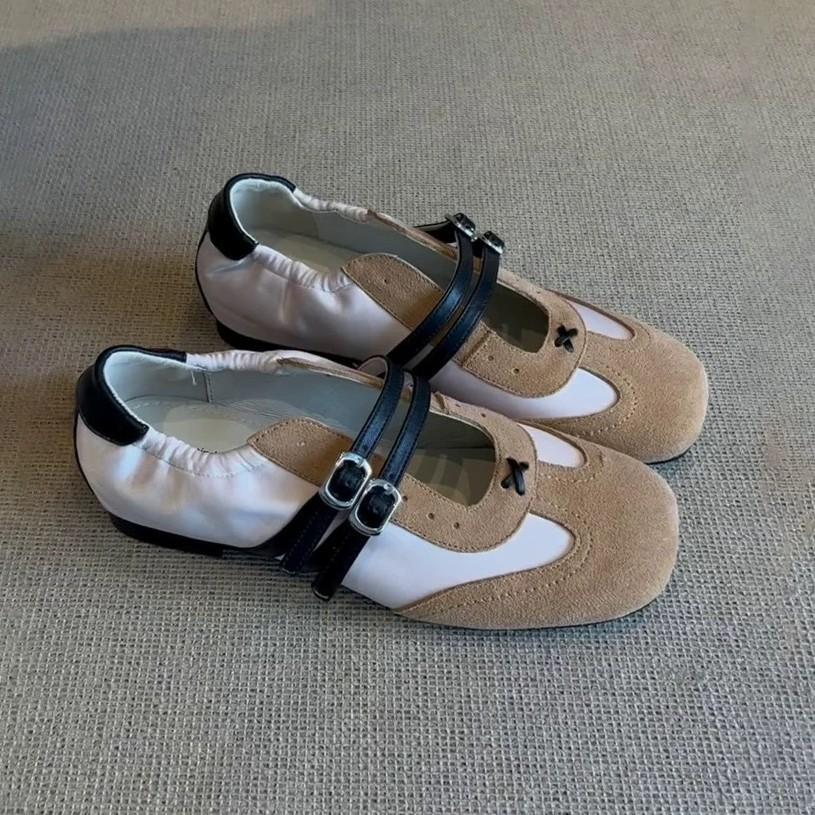 Sheepskin Version~ Retro Niche Color Matching Double-breasted Square Head Flat-bottomed Sports Moral Training Shoes Women's Spring and Autumn Mary Ja