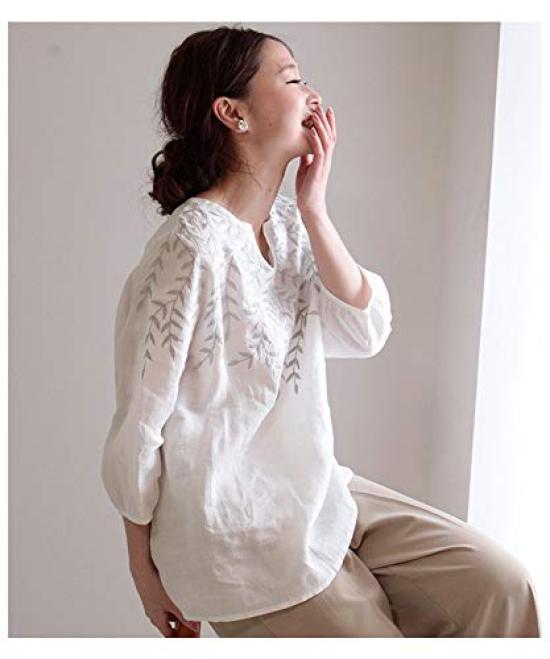 Sawa la mode Botanical Leaf Embroidered Linen White á Top, Women's, mode-6296 F,