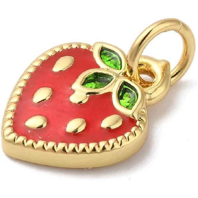 DanLingJewelry 10Pcs Red Strawberry Enamel Brass Charms 3D Imitation Food Fruit Charms for Jewelry Making Necklaces Earrings