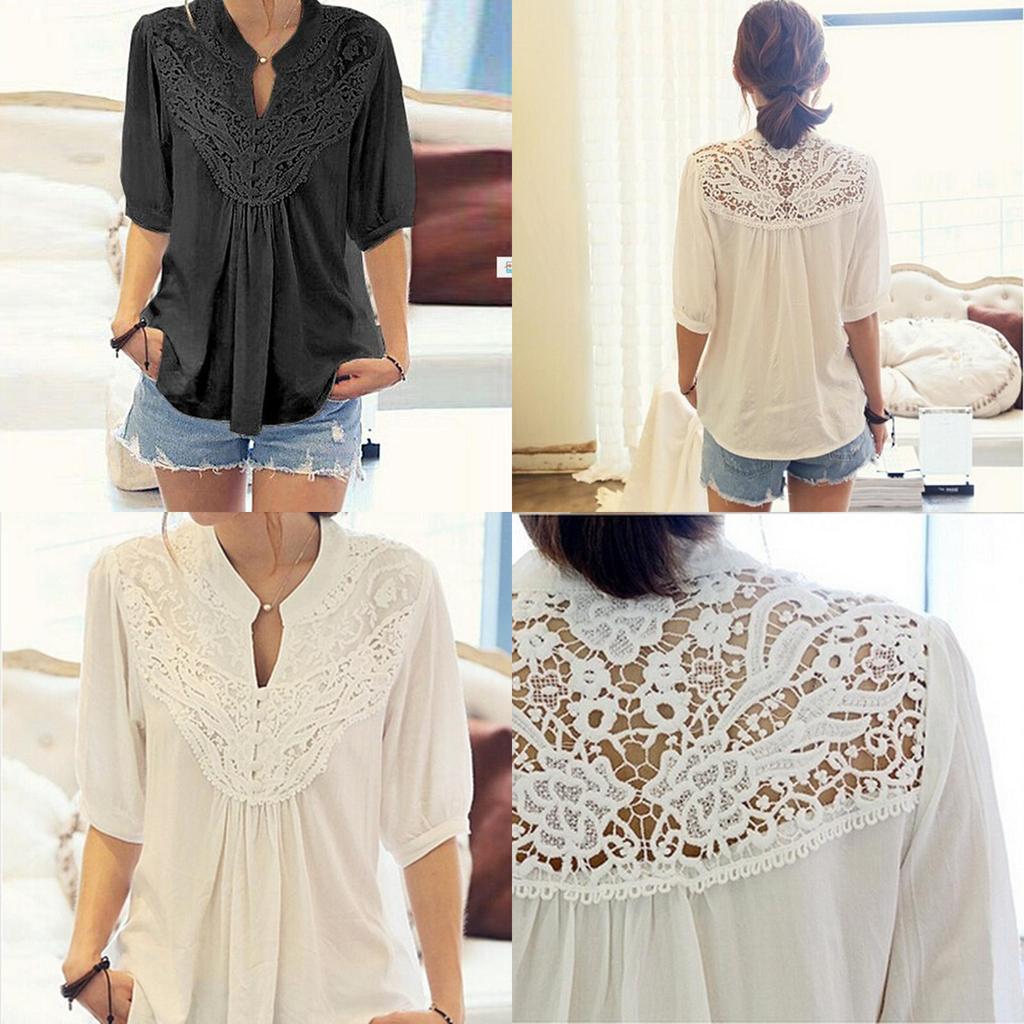 Blouse Hollow Ladies T Shirts Tops Lace Tunic Top Shirt Chiffon Freesize