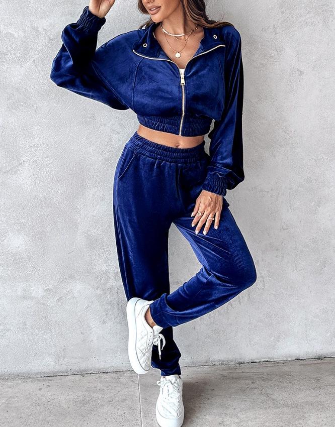2024 Autumn/Winter Women's Fashion Casual Set: Golden Velvet Long Sleeve Top & Long Pants Two-Piece Set
