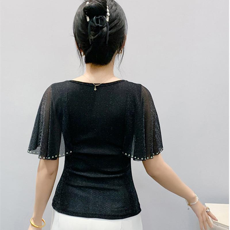 New Fashion Women's Chic Butterfly Sleeve Hot Diamonds Summer T-shirt Sexy Square Neck Slim Mesh Tops Elegant Female Tees
