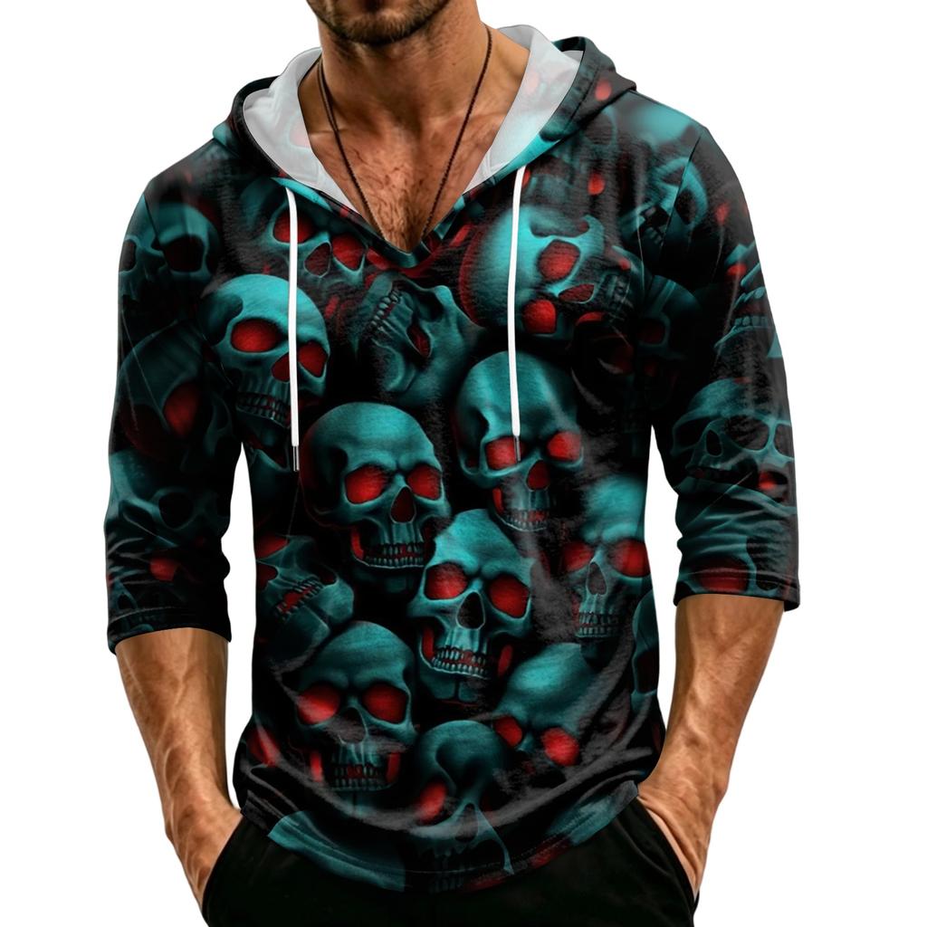 Pullover con cappuccio a maniche a tre quarti, vestibilità larga, stampa di Halloween da uomo