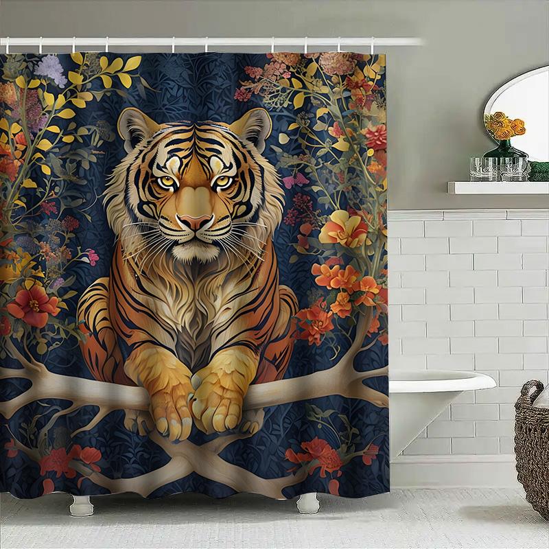 Gold Tiger Shower Curtain: Floral Print Bathroom Decor For Home Decoration Modern Style Animal Motif Window Covering Waterproof
