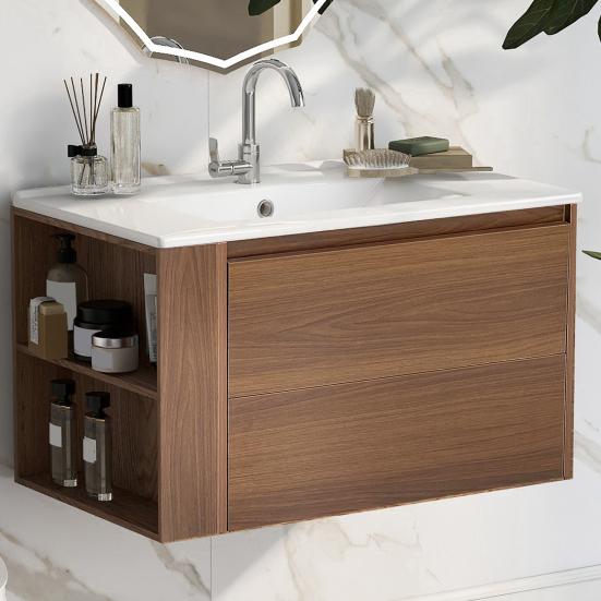 Bathroom Sink Cabinet with Drawer Modern White Wood Grain Heavy Duty Lavatory Wall Mount Ceramic Wash Basin Vanity Cabinet