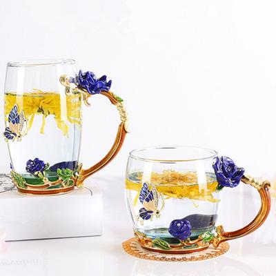 3D Butterfly Rose Tea Cup Carved Flower Cup Coffee Tea Glass Enamel Cups