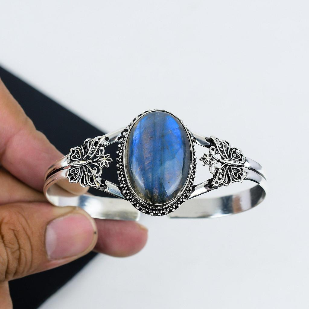 Natural Labradorite Gemstone Handmade 925 Sterling Silver Cuff Bangle, Labradorite Bangle,For Wife, Unisex Bangle, Gifts For Engagement