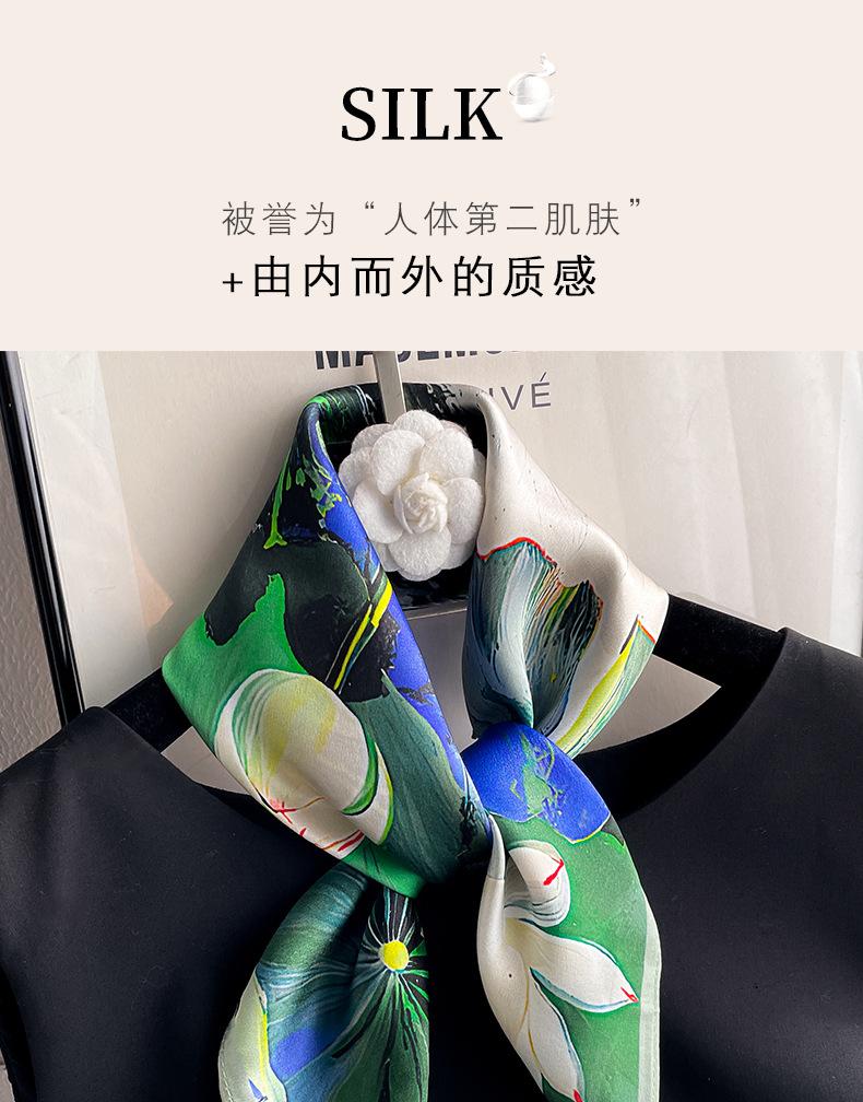 Oil painting wind green lotus silk small square scarf women's high-end 111% mulberry silk silk scarf gift for mother