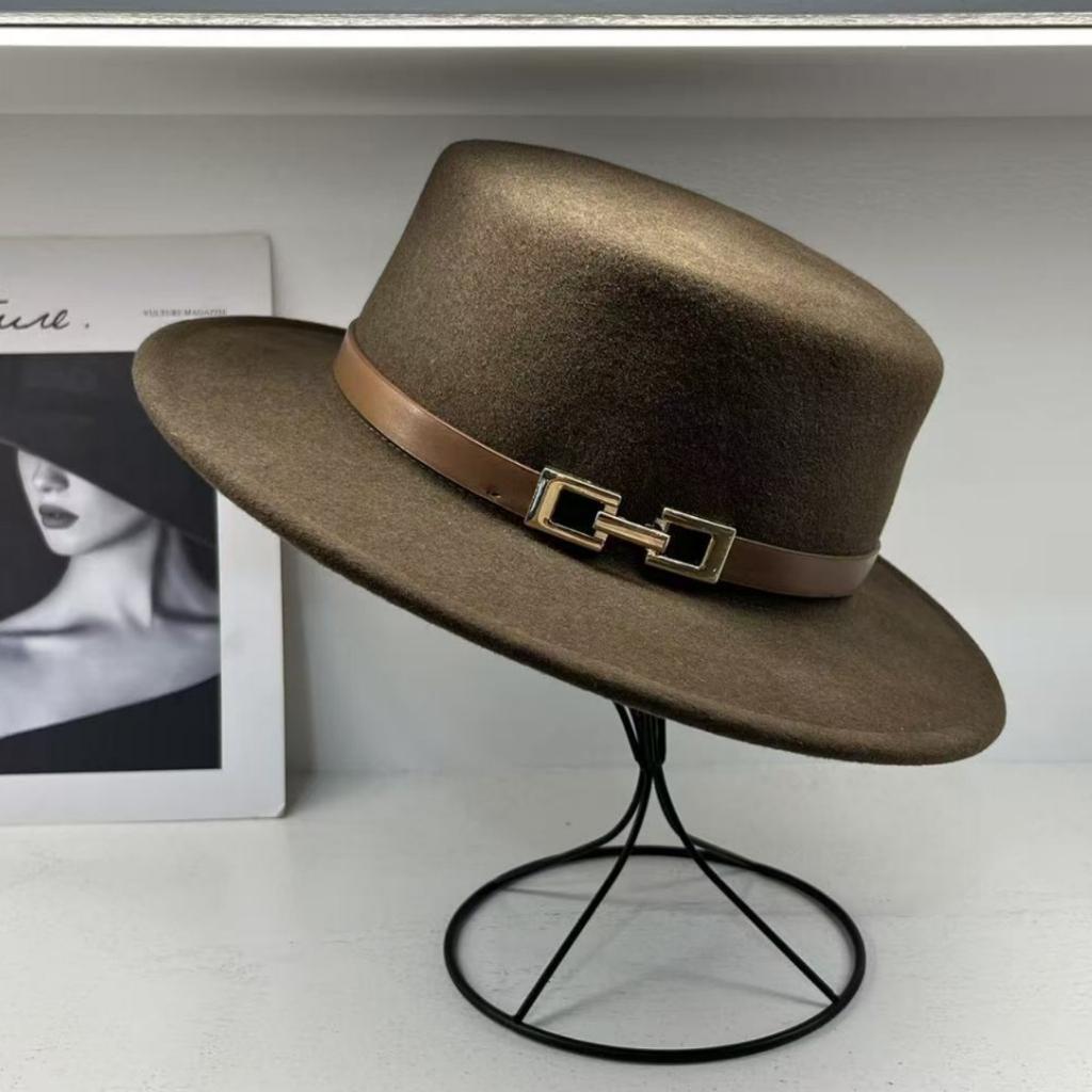 European Style French Small Leather Buckle Australian Wool Top Hat Women's Men's Flat Top Hat Autumn and Winter Retro Wide Brim Hat Tide