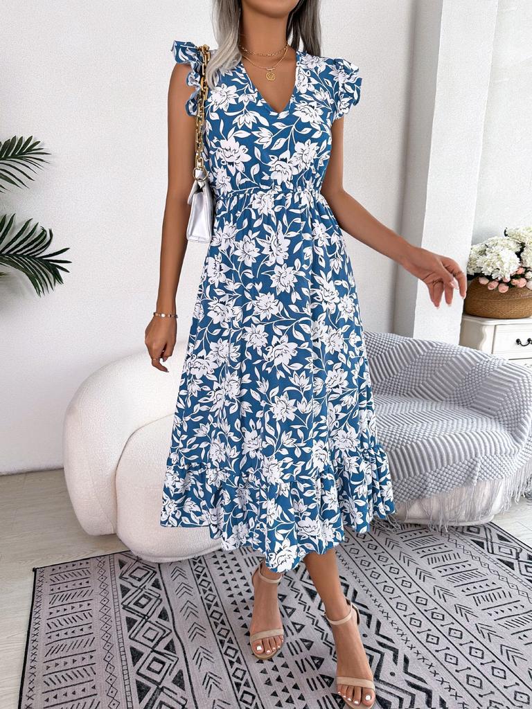 Women Casual Floral Elastic Waist Ruffled Vacation A Line Long Chiffon Dress