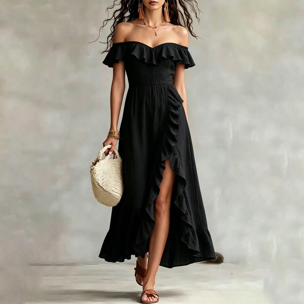 Women's Fashionable Sexy Ruffle Edge French One Shoulder Temperament Vacation Loose Dress