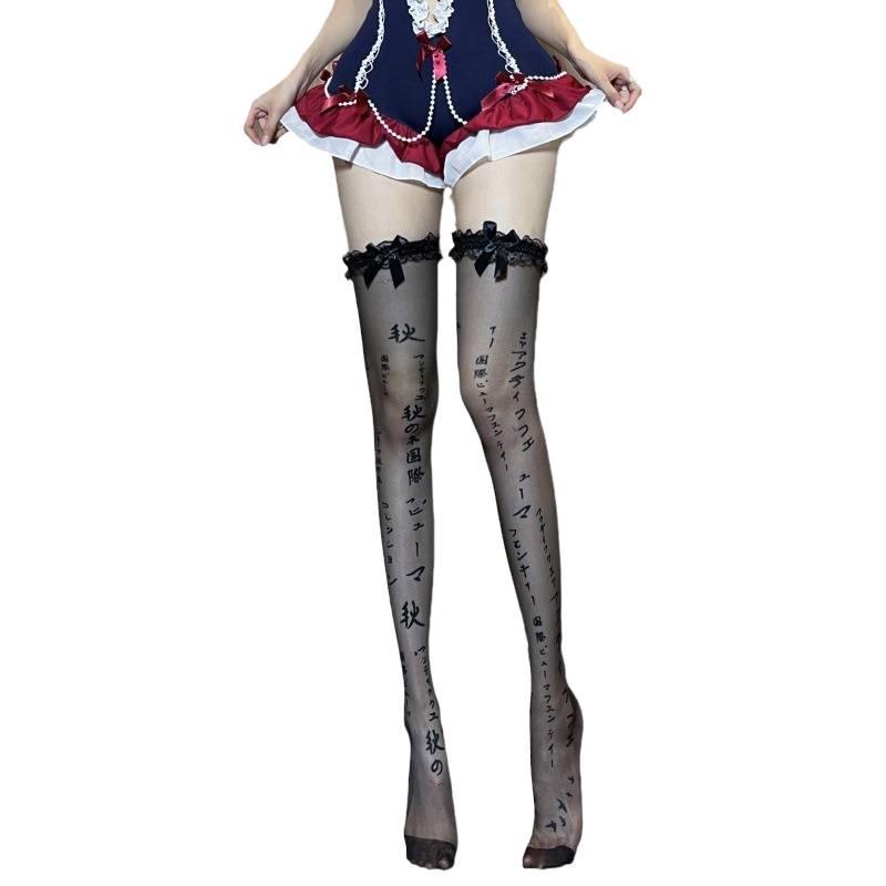 Japanese Jacquard Lace Bowknot Thigh-High Stockings: Trendy, Sexy, Breathable