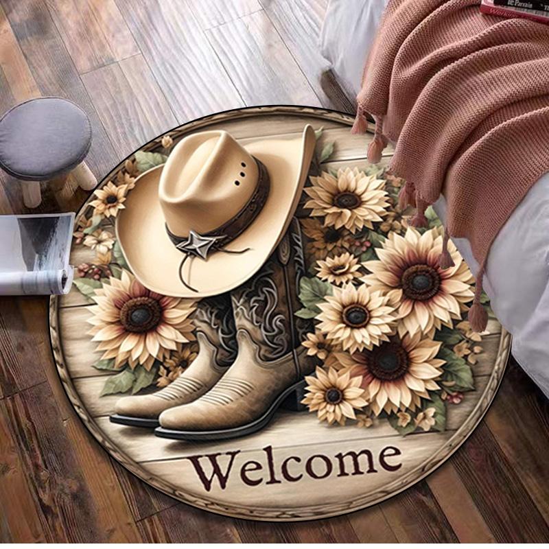 

1Pc Cowgirl Boots Hat Circular Print Rug - home decoration Carpet For Living Room Bedroom Flooring Computer Chair Area Rug 80x80cm( 31x31in)