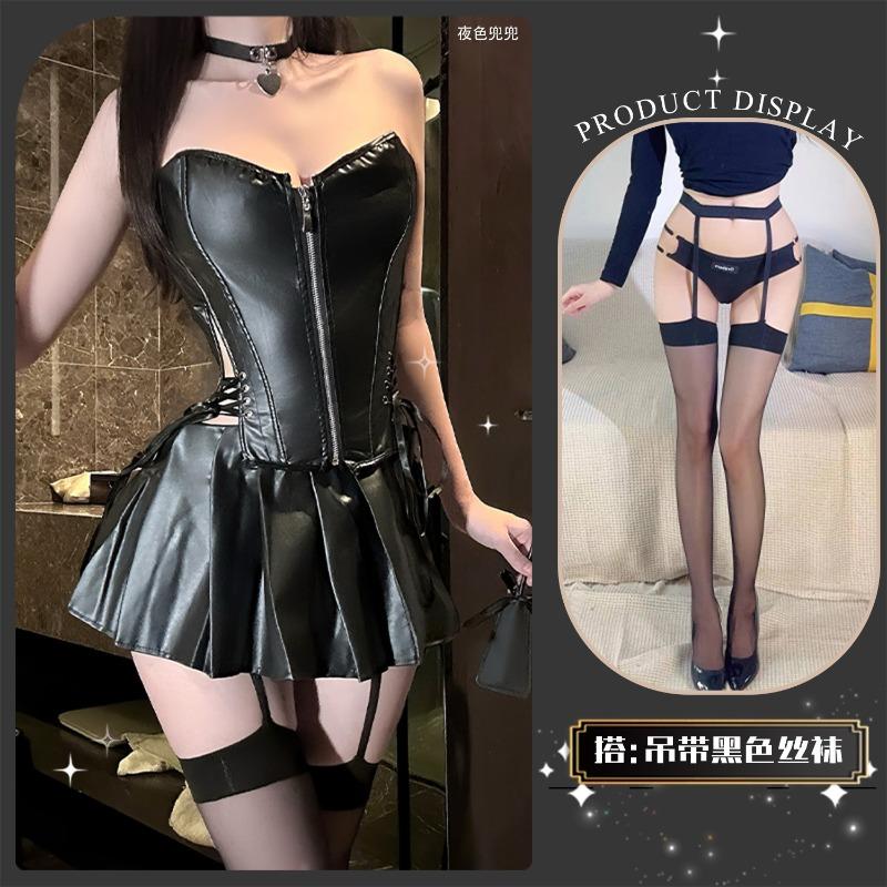 Sex underwear shapewear, bright leather skirts gather to show thin tube top, waist leather corset, zipper qqny