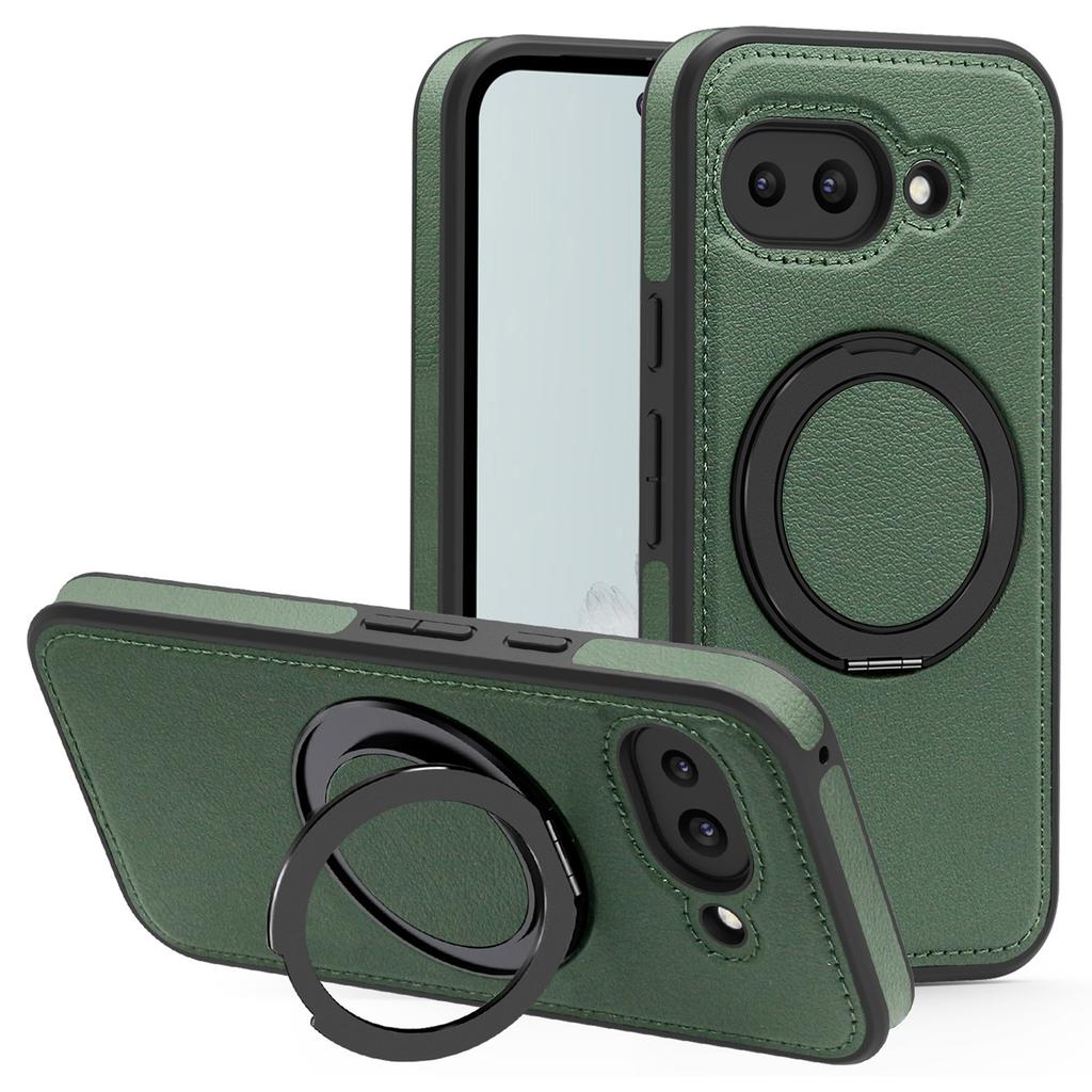 For Google Pixel 9a Case with Ring Kickstand Compatible with MagSafe PU Leather Back Cover