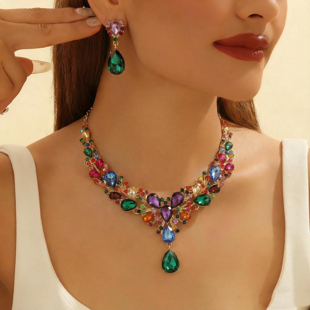 European and American cross-border Amazon bridal rhinestone necklace earrings set luxury fashion women's party and banquet accessories