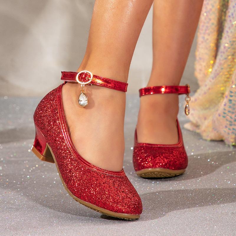 Girl's High Heel Shoes Elegant Sequins Kids Leather Shoe Fashion Bling Glitter Causal Children Princess Shoes for Party Wedding