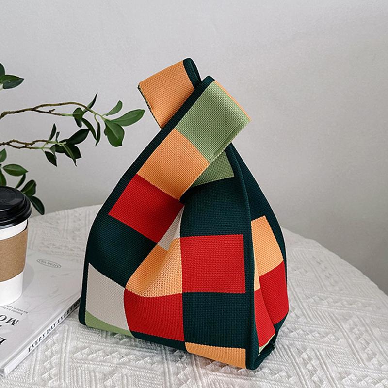 

Сумка ручной работы из трикотажной ткани женская мини-сумка на запястье с узлом повседневная цветная широкая полосатая клетчатая сумка-тоут студенческие многоразовые сумки для покупок 20x23cm зелёный