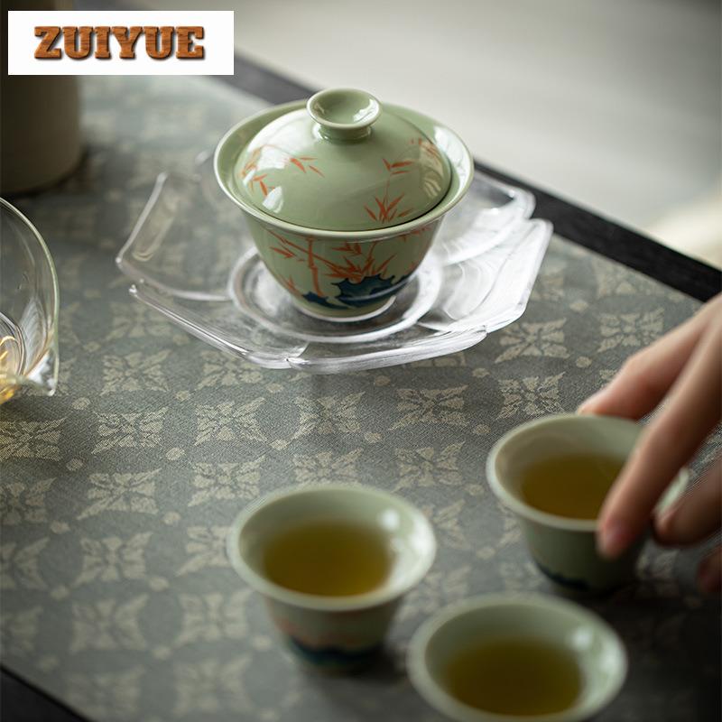 120ml Hand-painted Pink Bamboo Pastel Green Gaiwan Ancient Tea Tureen Tea Bowl With Lid Kit Tea Maker Cover Bowl Tableware Gift