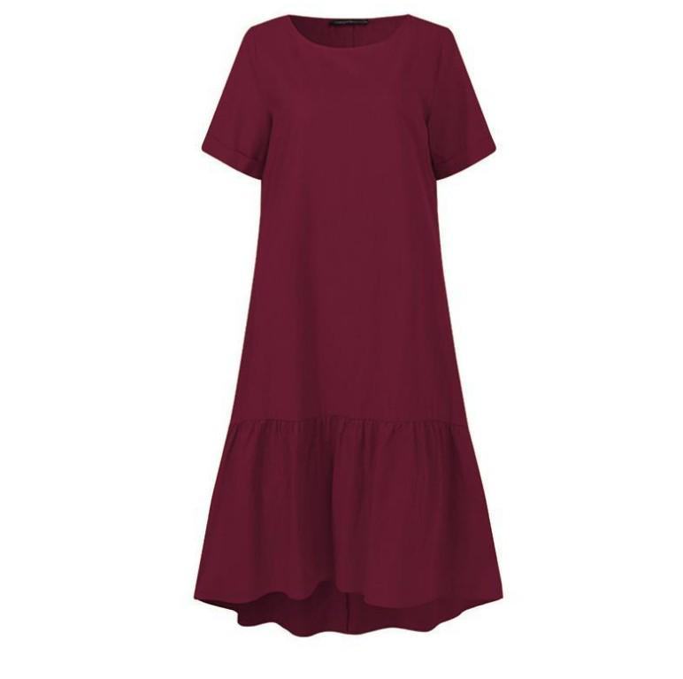 

Однотонное платье миди из хлопка и льна с круглым вырезом и короткими рукавами для женщин XL вино красного