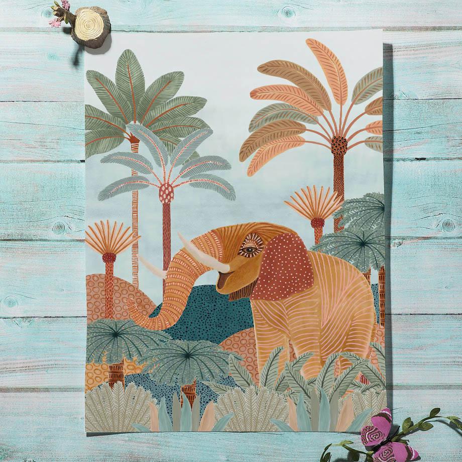 Tropical Jungle Animal Tree Giraffe Elephant Lion Boho Posters And Prints Wall Art Canvas Painting Picture for Living Room Decor