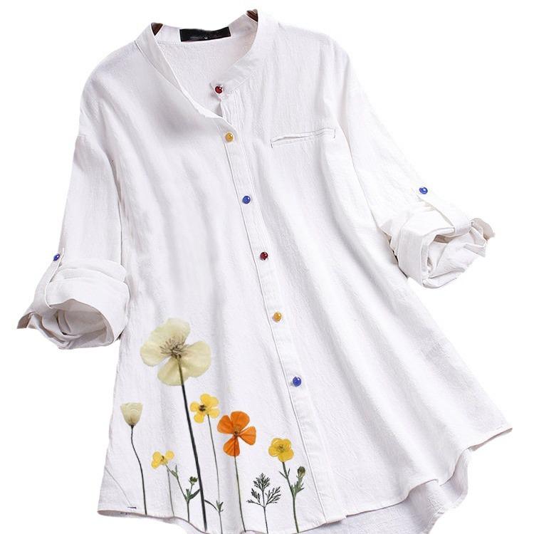 2024 Spring/Summer Women's Cotton Linen Print Shirt with Stand Collar and Colored Buttons