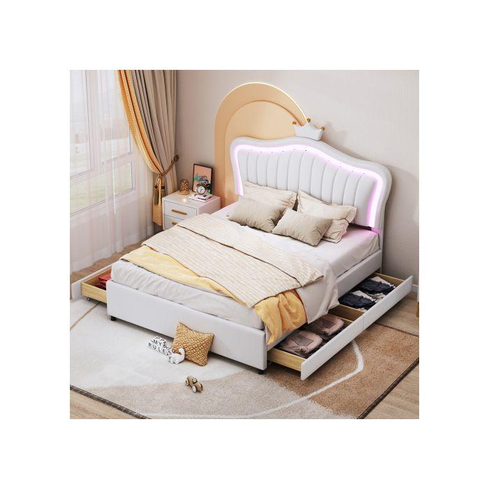 Lit Enfant - MUVOE - 140 X 200 Cm - Similicuir Blanc - Tiroirs De Rangement - Éclairage LED