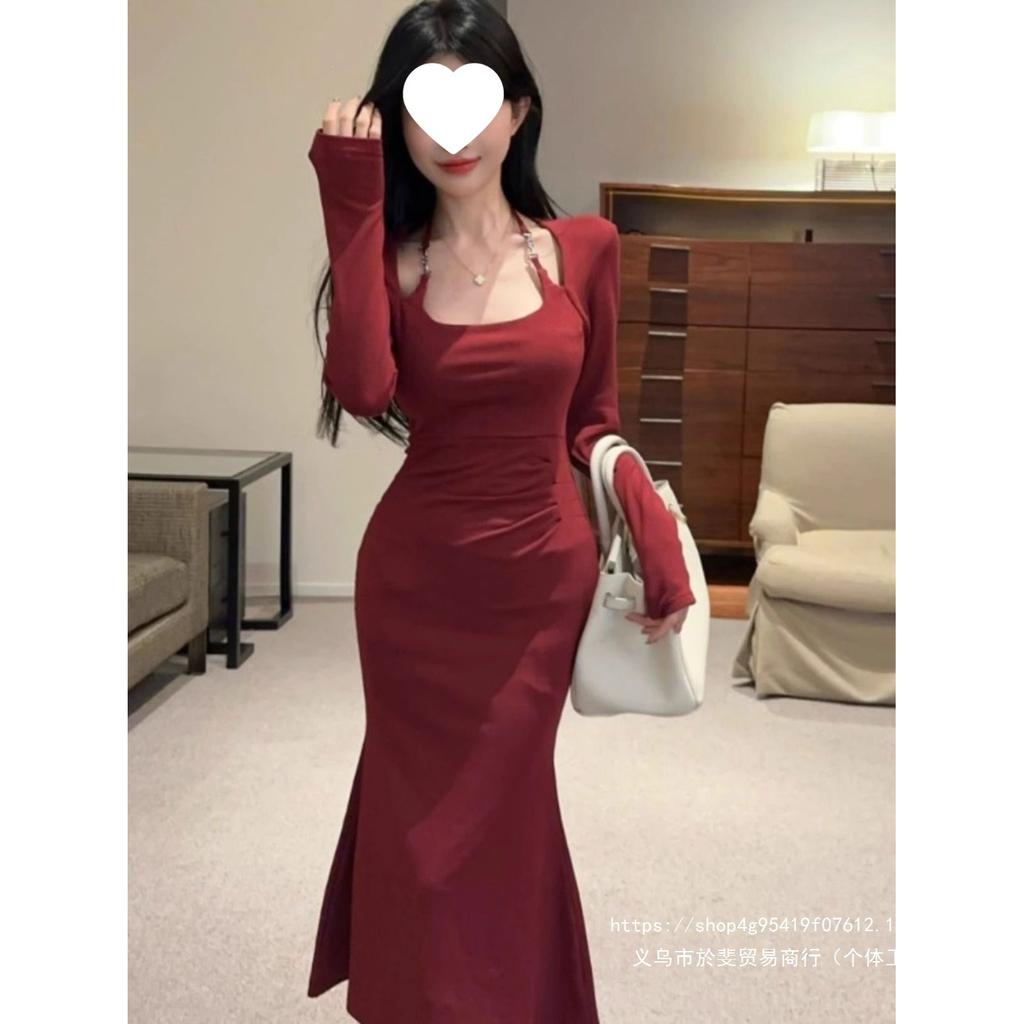 French design sense neck red dress women's autumn waist and thin hips fishtail dress long sleeve temperament long dress