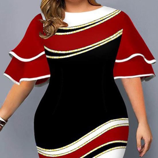 Damen Unterröcke Übergröße Festliches Kleid Digitaldruck Fliegenärmel Übergröße Rundhalsausschnitt Schlitzsaum Bodycon Kleid für Hochzeit