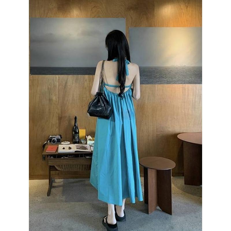 

Пляжный отдых сексуальное платье-халтер с открытой спиной летнее элегантное пляжное платье феи длинная юбка S синий