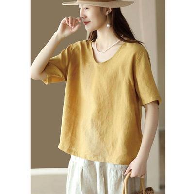 Women's Retro Cotton Linen Plus Size Short Sleeve Top - Slimming, Versatile, Solid Color Casual Tee
