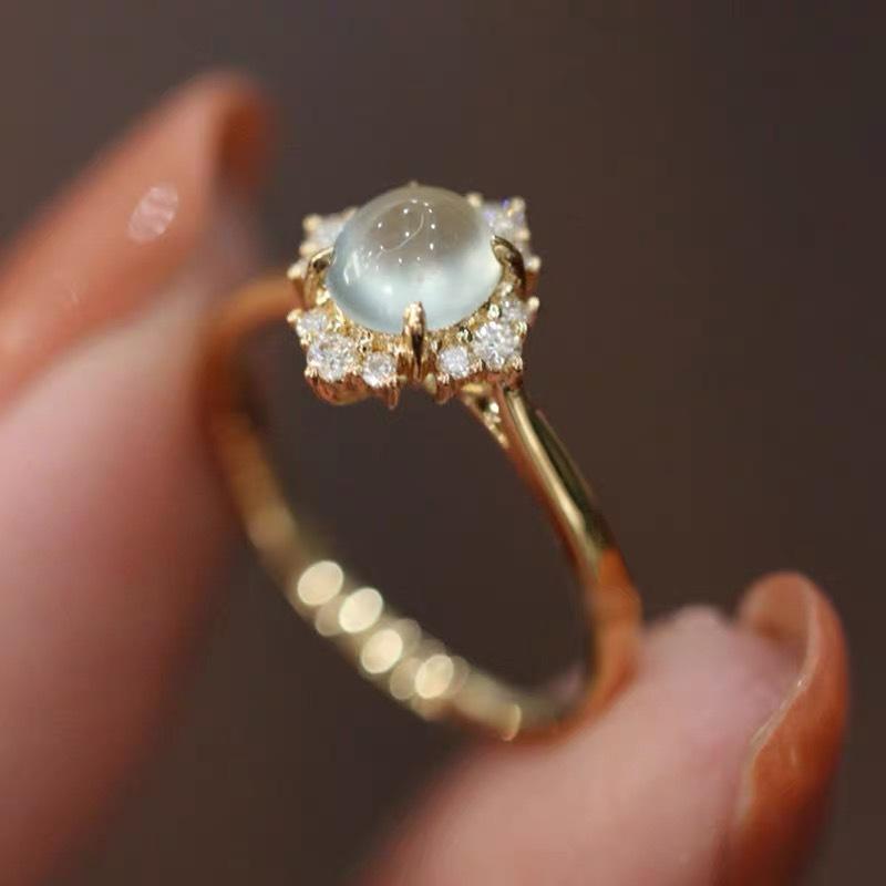 Gold Plated Egg Shaped Chalcedony Ring Full Diamond Paved Adjustable Unisex Elegant Versatile Jewelry