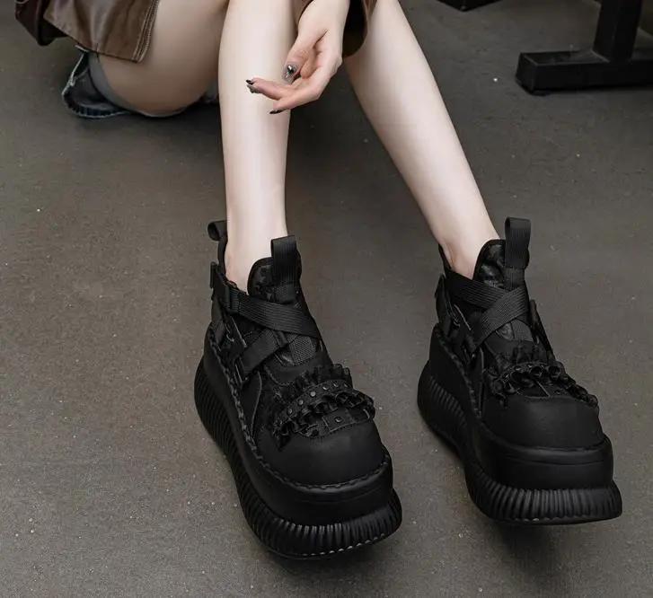 Fashion 8CM Gothic Style Chunky Boots High Platform Women Ankle Boots Elegant Walking Comfy Woman Motorcycle Shoes Punk Leather Boots