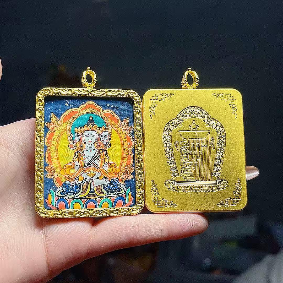 Hand-Painted Gold Buddha Thangka Zodiac Pendant Necklace for Men and Women