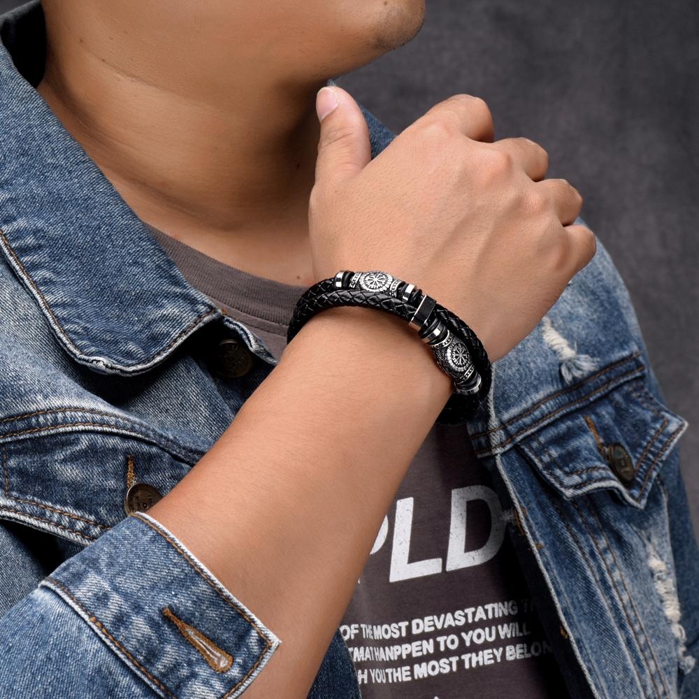 Mens Viking Compass Rune Amulet Beads Stainless Steel Double Strand Leather Bracelet Homme Pulseras