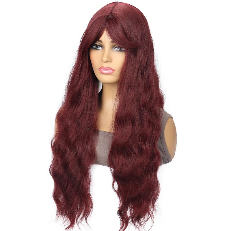 Womens Long Wavy Wig With Bangs Middle Part Synthetic Hair Daily Use