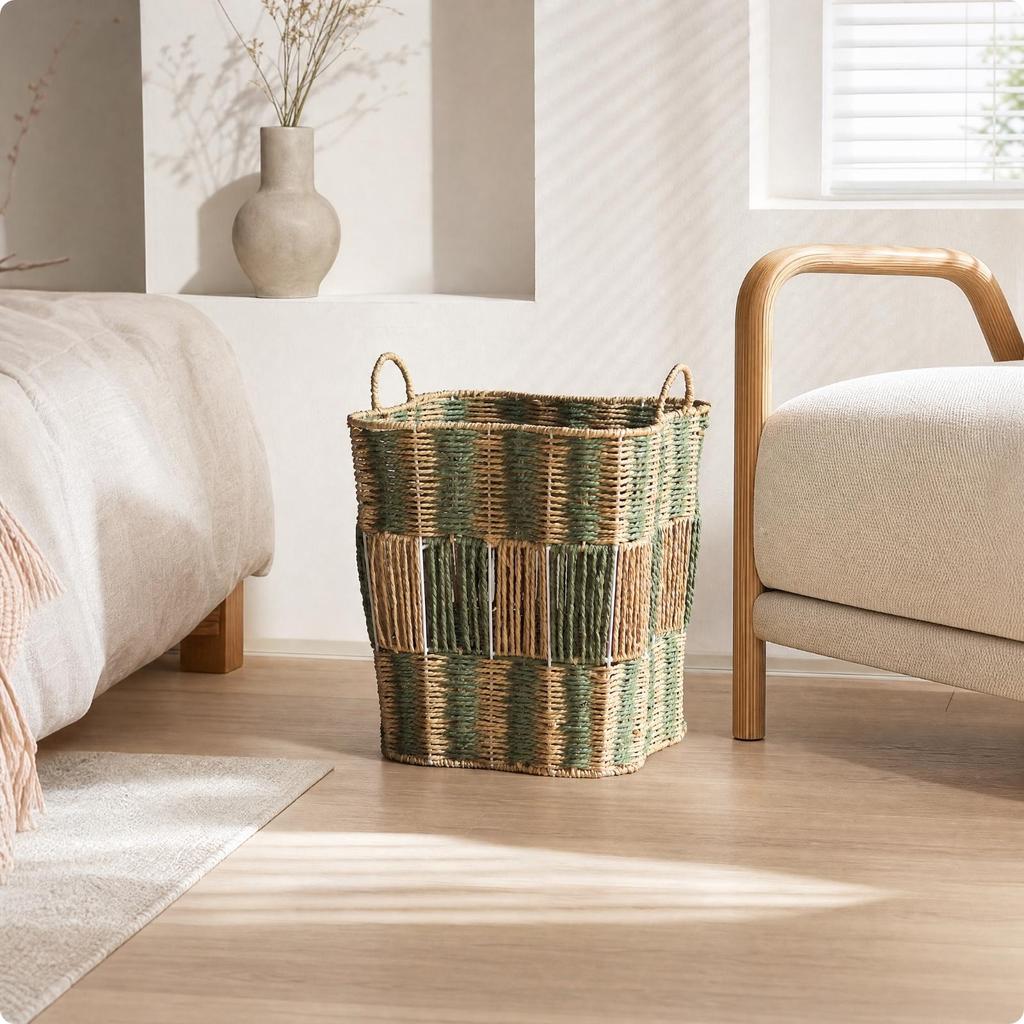 Paper Rope Laundry Basket Open-Top Handwoven Portable for Home
